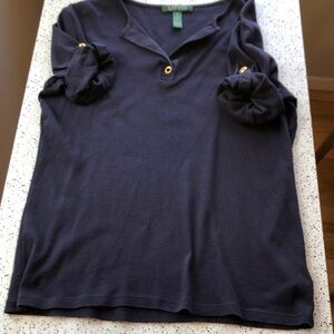 Lauren Ralph Lauren Navy Blue top Medium cotton gold accents v-neck pre-owned